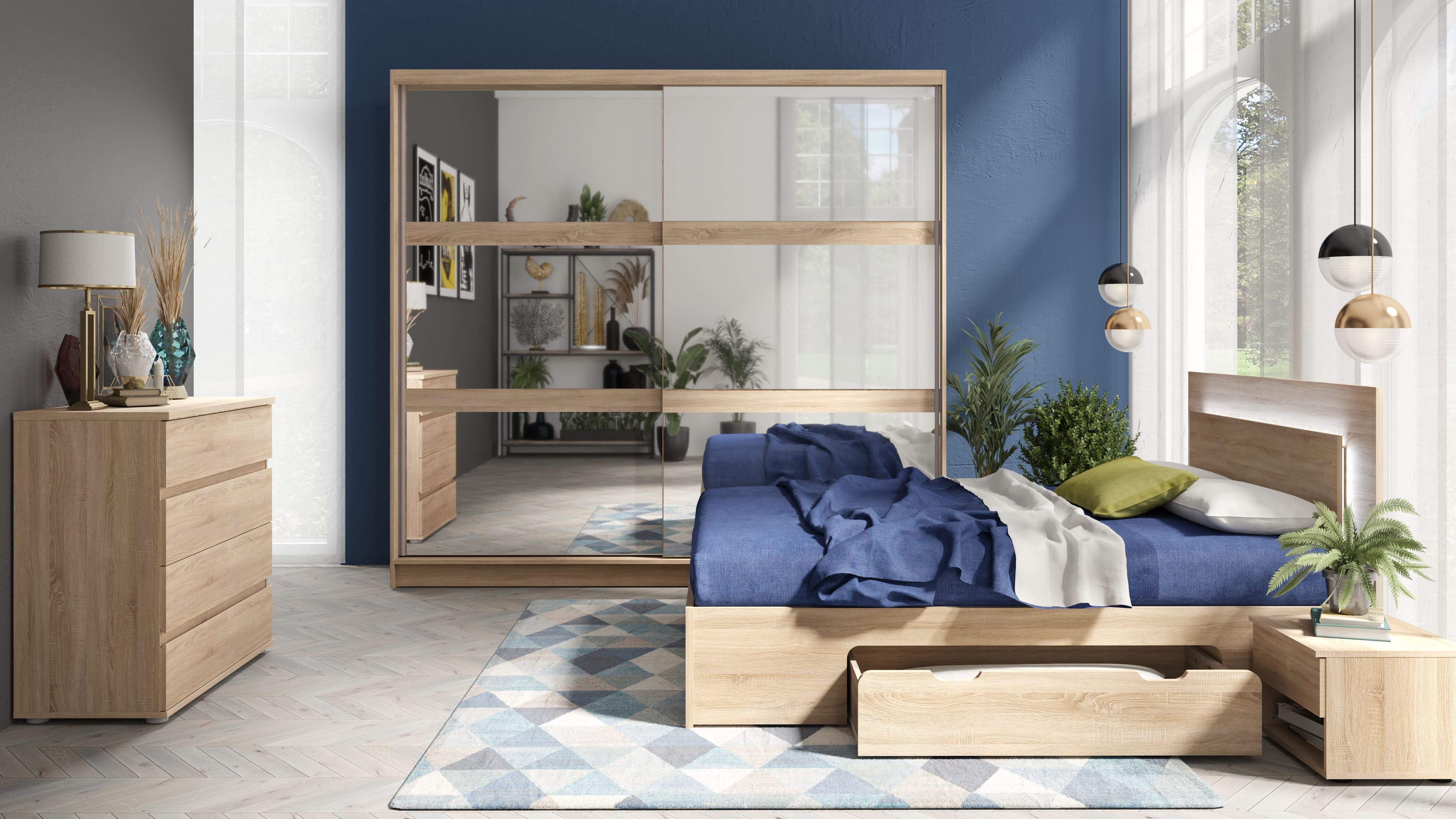 VELORA Bedroom Set – Sonoma Oak – Mirrored Sliding Wardrobe